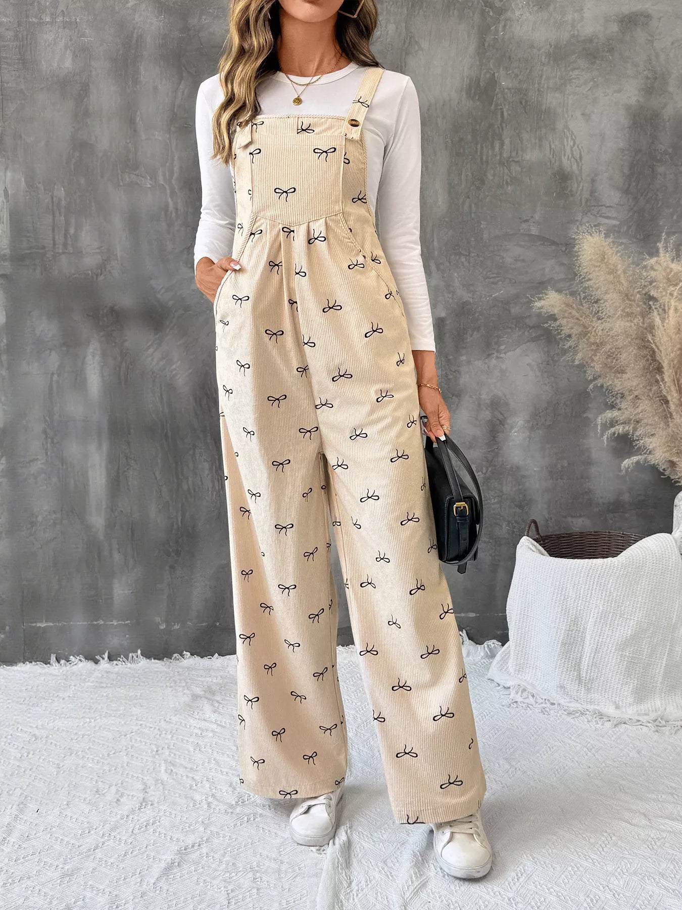 Bow Wide Leg Corduroy Overalls Easy Apparels