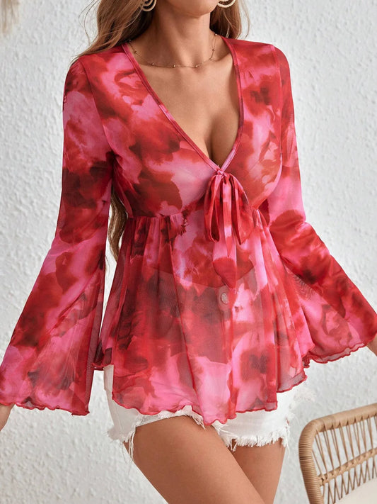 Trendsi Tie-Front Flare Sleeve Blouse Strawberry