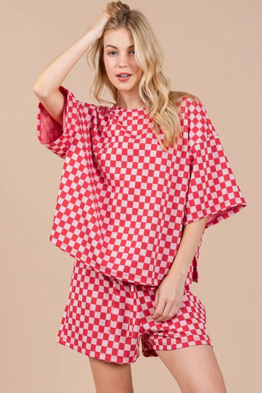 Ces Femme Checkered Round Neck Top and Shorts Set Easy Apparels