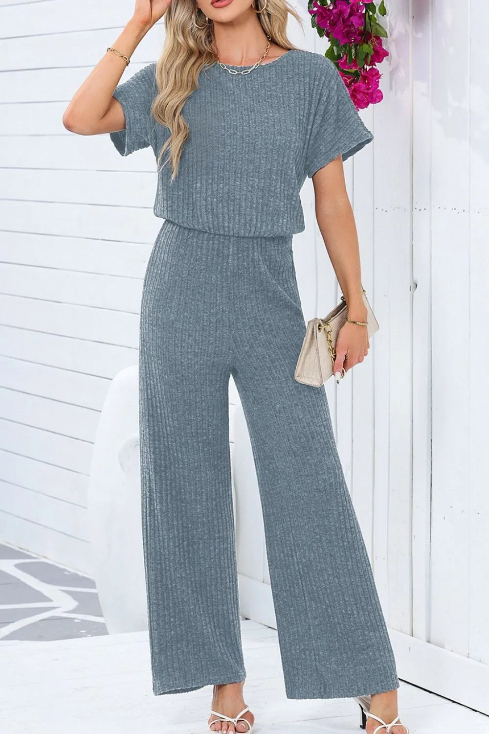 Ribbed Short Sleeve Wide Leg Jumpsuit Dusty Blue Easy Apparels