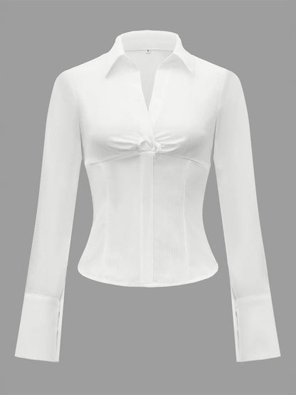 Trendsi Ruched Striped Collared Neck Long Sleeve Shirt