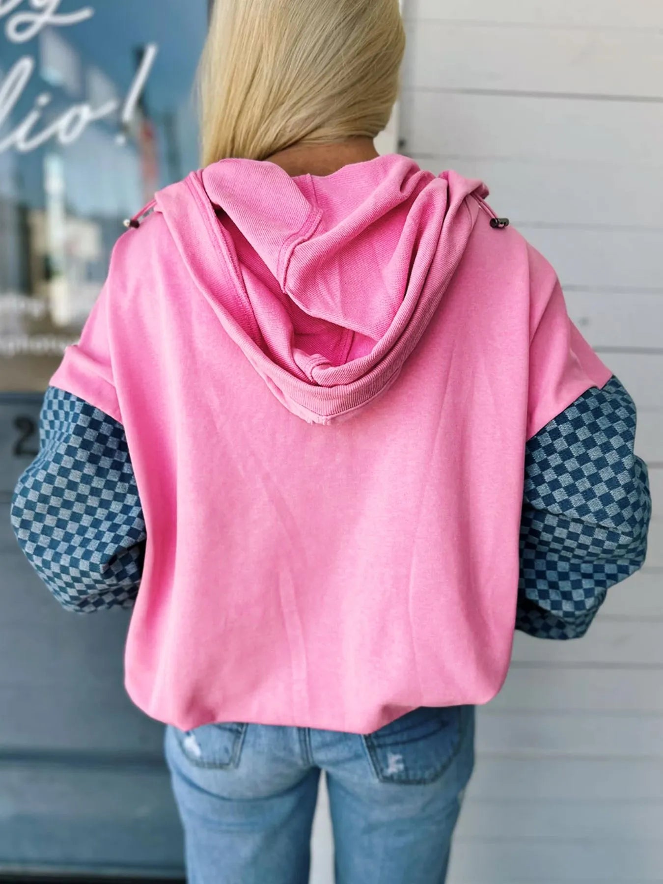 Trendsi Half Zip Checkered Sleeve Hoodie