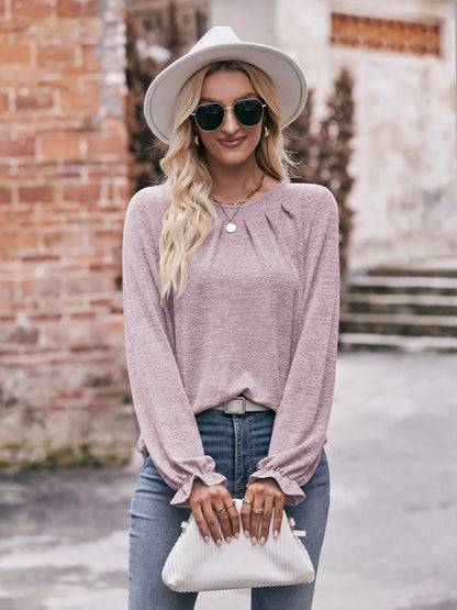 Trendsi Round Neck Long Sleeve Casual T-Shirt Pink Purple