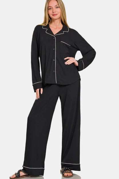 Zenana Button Down Long Sleeve Top and Pants Lounge Set Easy Apparels