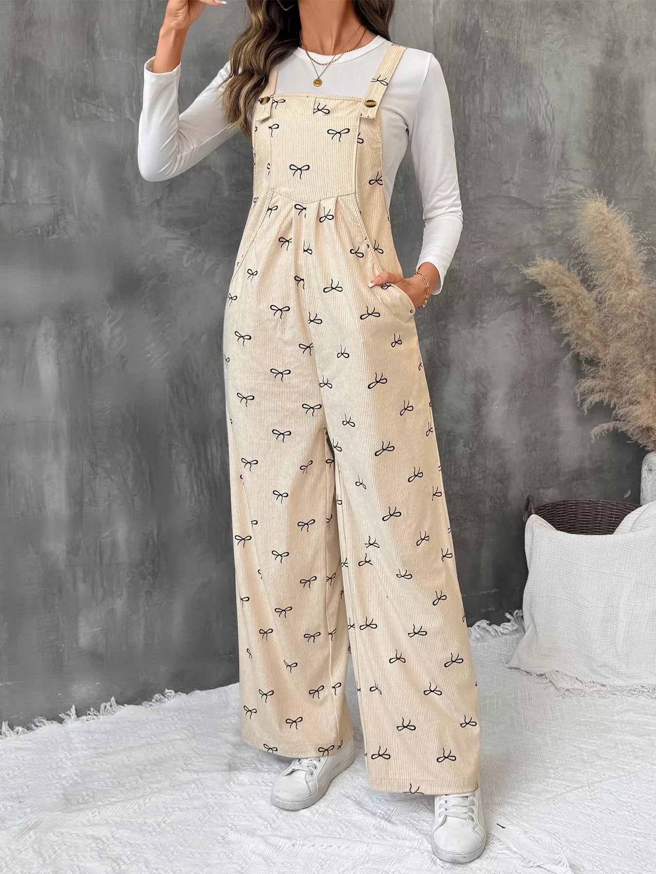 Bow Wide Leg Corduroy Overalls Easy Apparels