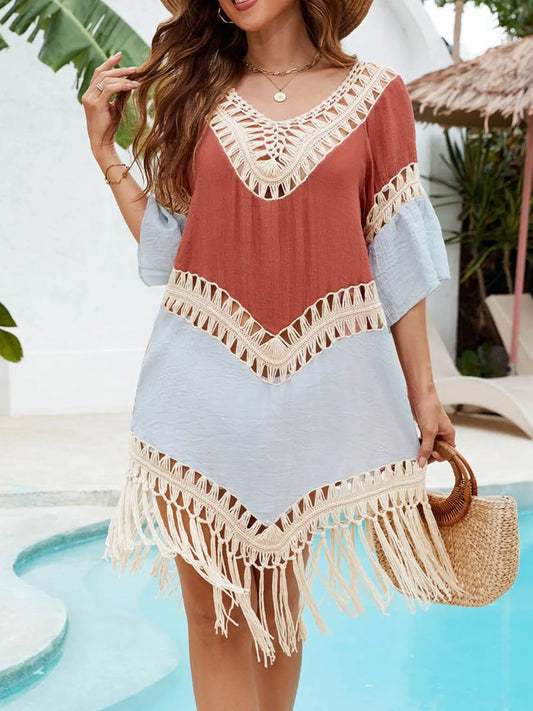 Backless Tassel Hem V-Neck Cover-Up Terracotta One Size Easy Apparels