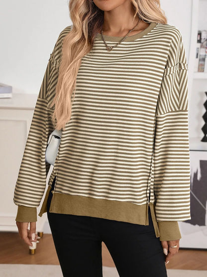 Trendsi Exposed Seam Striped Contrast Sweatshirt Khaki
