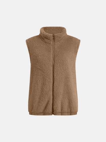 Full Size Fuzzy Zip Up Vest Coat with Pockets Easy Apparels