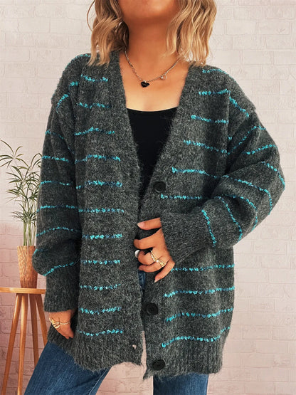 Striped Button-Up Cardigan with V-Neck Design Brown One Size Easy Apparels