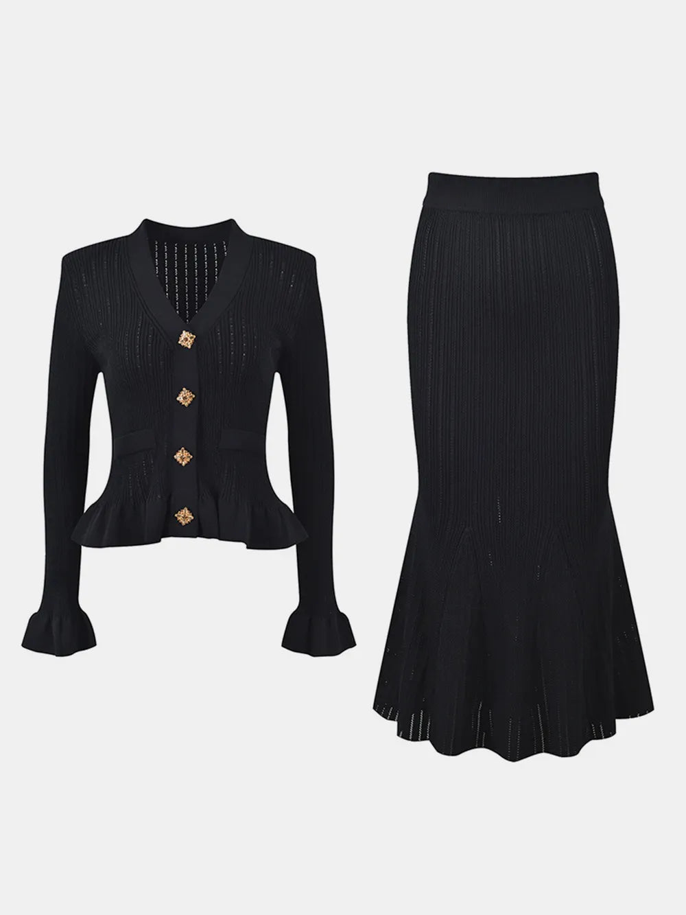 Ruffled V-Neck Top and Midi Skirt Sweater Set Easy Apparels