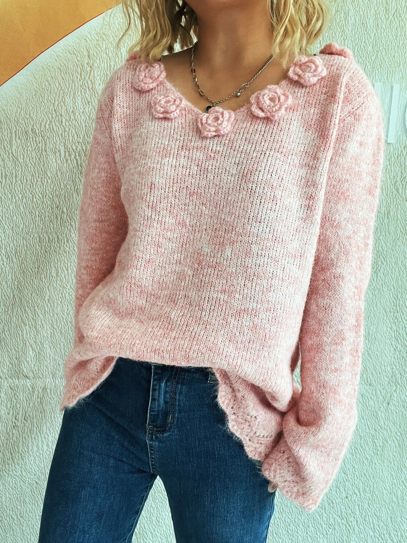 Trendsi Flower V-Neck Long Sleeve Sweater
