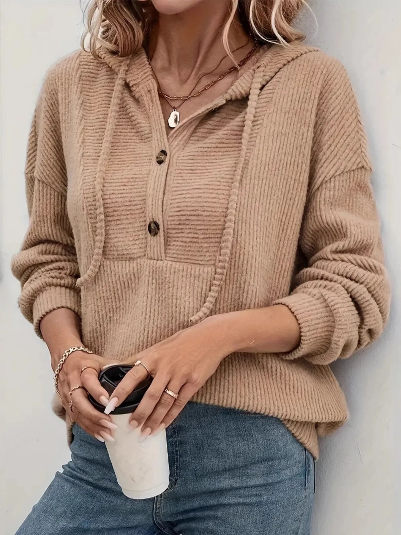 Trendsi Drawstring Button Front Hoodie Khaki