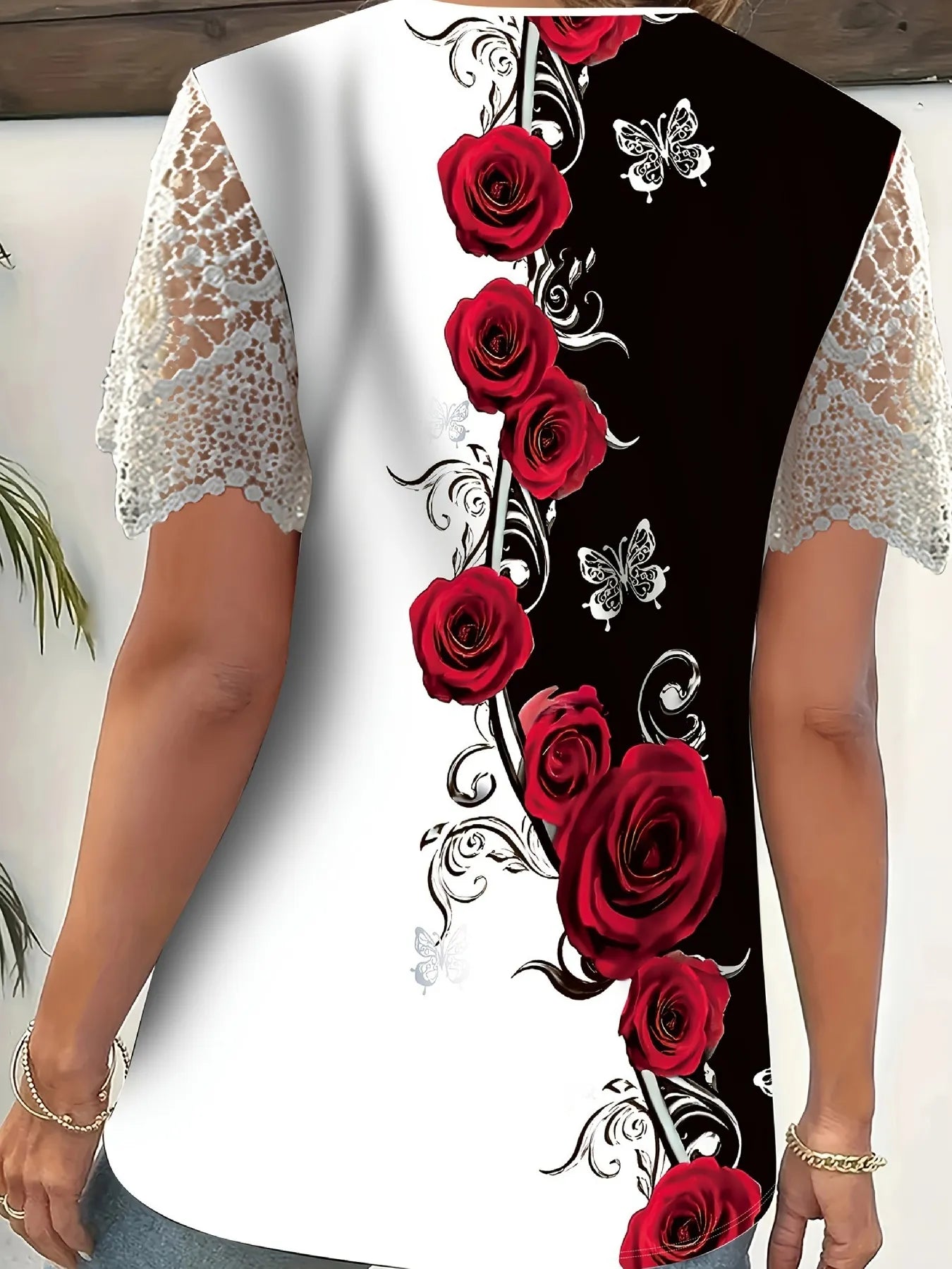 Trendsi Full Size Printed Lace Sleeve V-Neck T-Shirt Plus Size