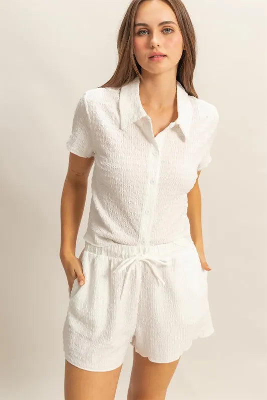 HYFVE Textured Short Sleeve Top and Drawstring Shorts Knit Set White Easy Apparels