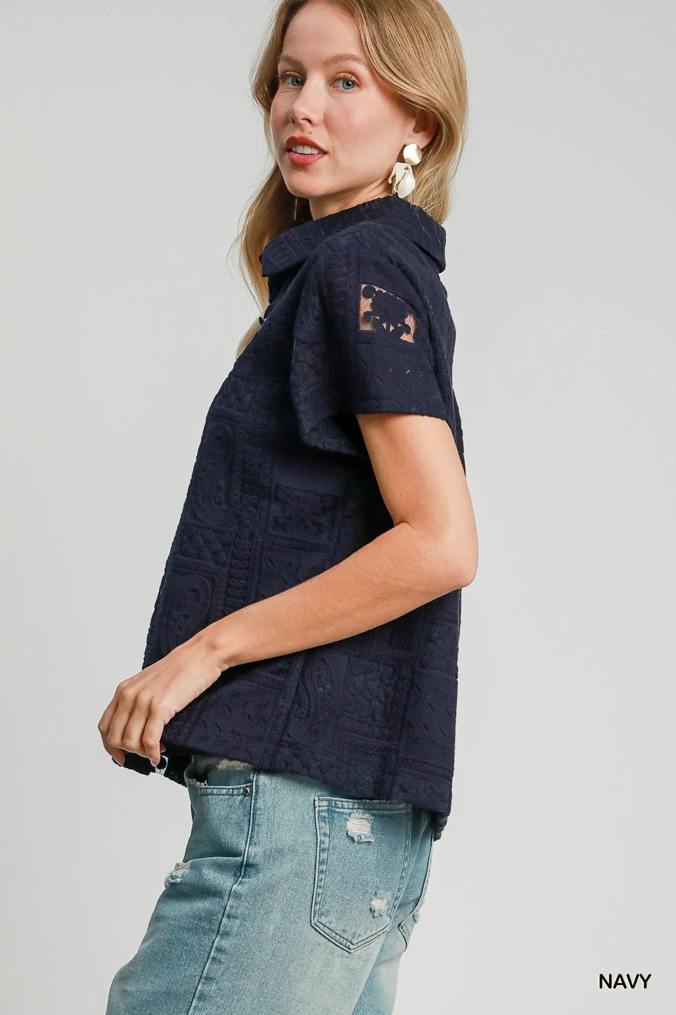 Trendsi Umgee Patch Lace Short Sleeve Button Down Shirt