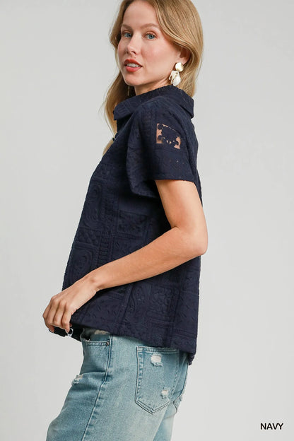 Trendsi Umgee Patch Lace Short Sleeve Button Down Shirt