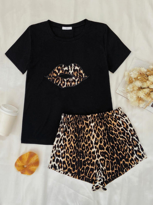 Leopard Lip Graphic Top and Shorts Lounge Set Black Easy Apparels