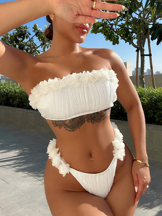 Applique Tie Back Two-Piece Bikini Set White Easy Apparels