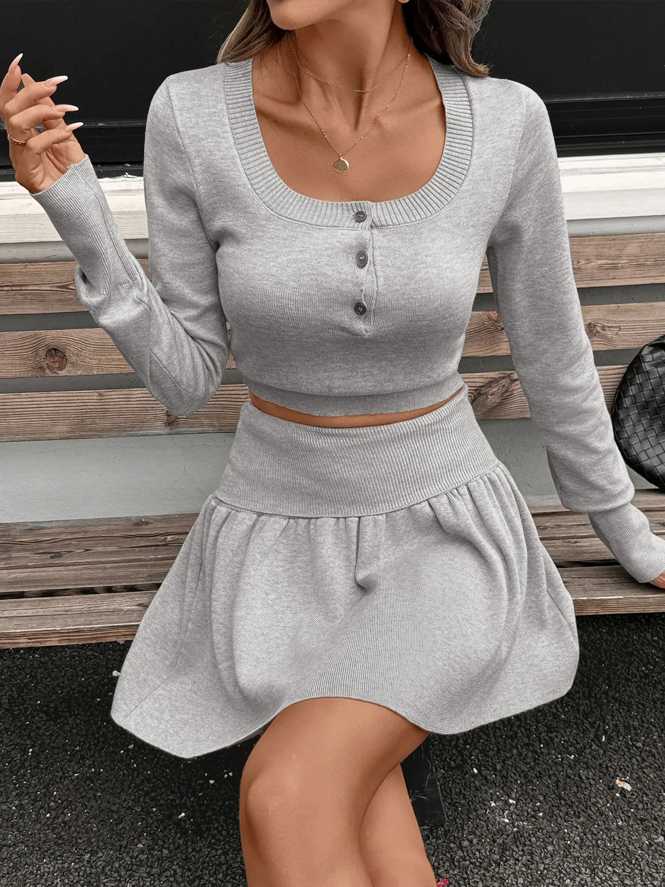 Ribbed Long Sleeve Top and Skirt Knit Set Easy Apparels