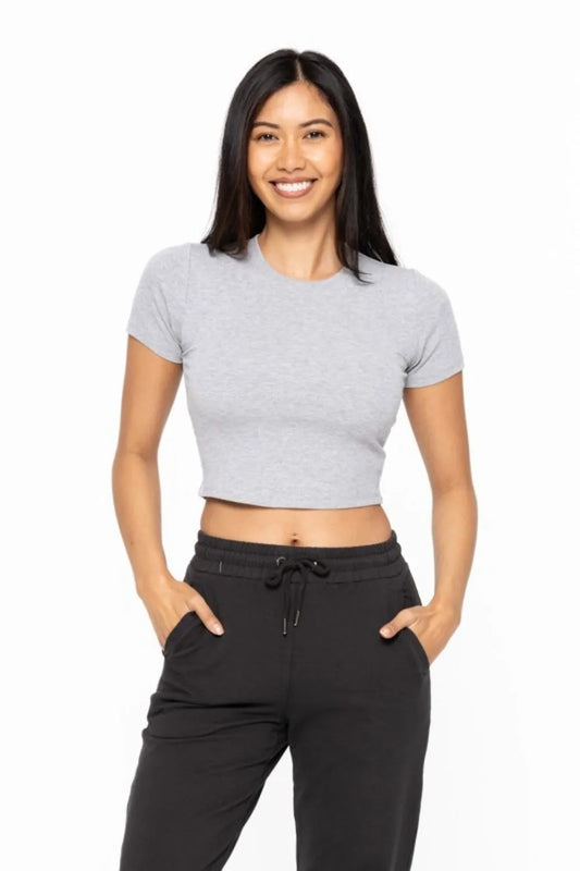 MONO B Essential Micro-ribbed Cropped Athleisure Tee HEATHER GREY Easy Apparels