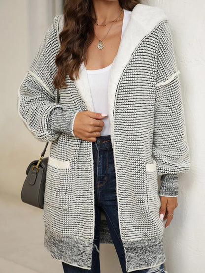 Open Front Hooded Winter Coat with Pockets White Easy Apparels