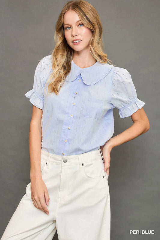 Trendsi Umgee Peter Pan Collared Button Down Textured Shirt with Ruffled Detail PERI BLUE