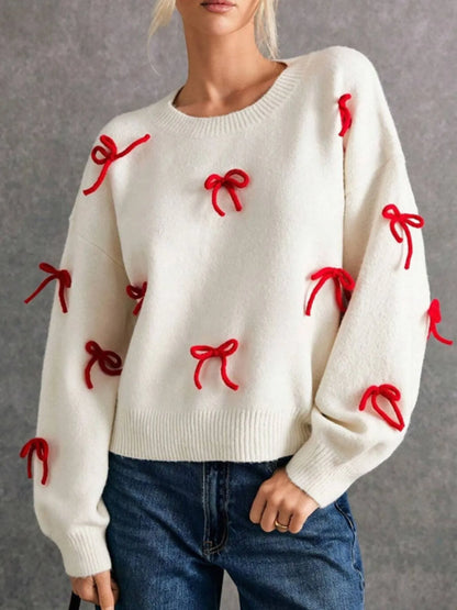 Trendsi Bow Contrast Round Neck Long Sleeve Sweater White