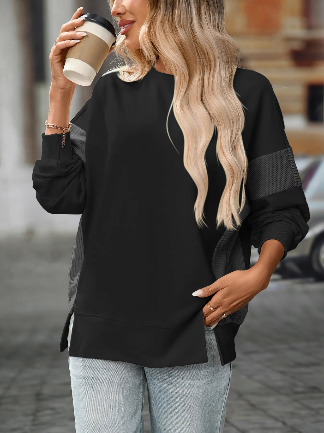 Trendsi Slit Round Neck Long Sleeve Sweatshirt