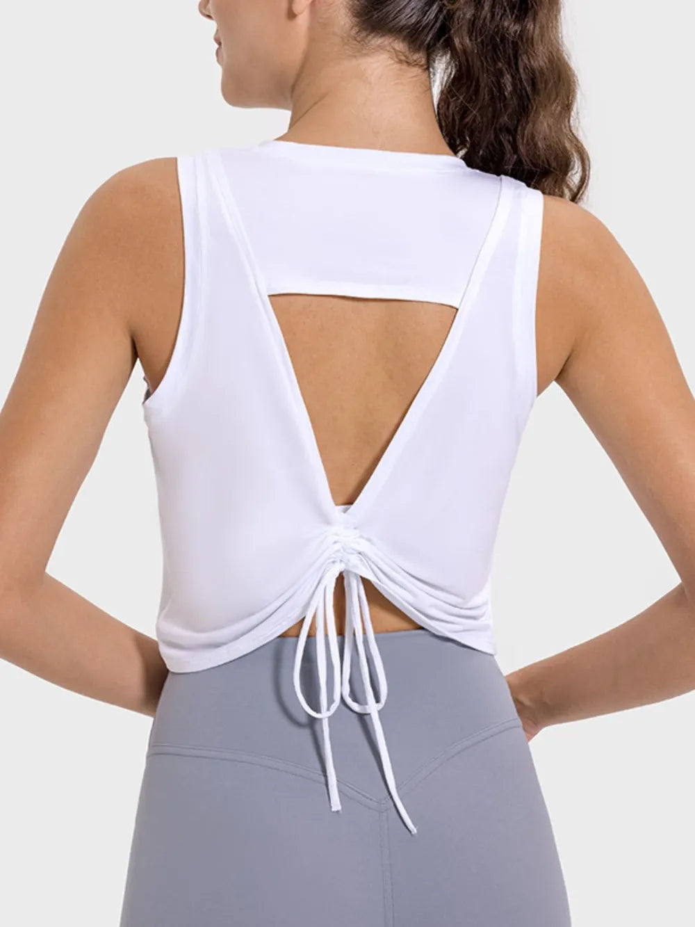Millennia Drawstring Cutout Round Neck Active Tank White Easy Apparels