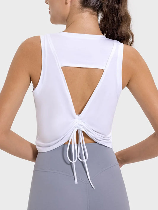 Millennia Drawstring Cutout Round Neck Active Tank White Easy Apparels