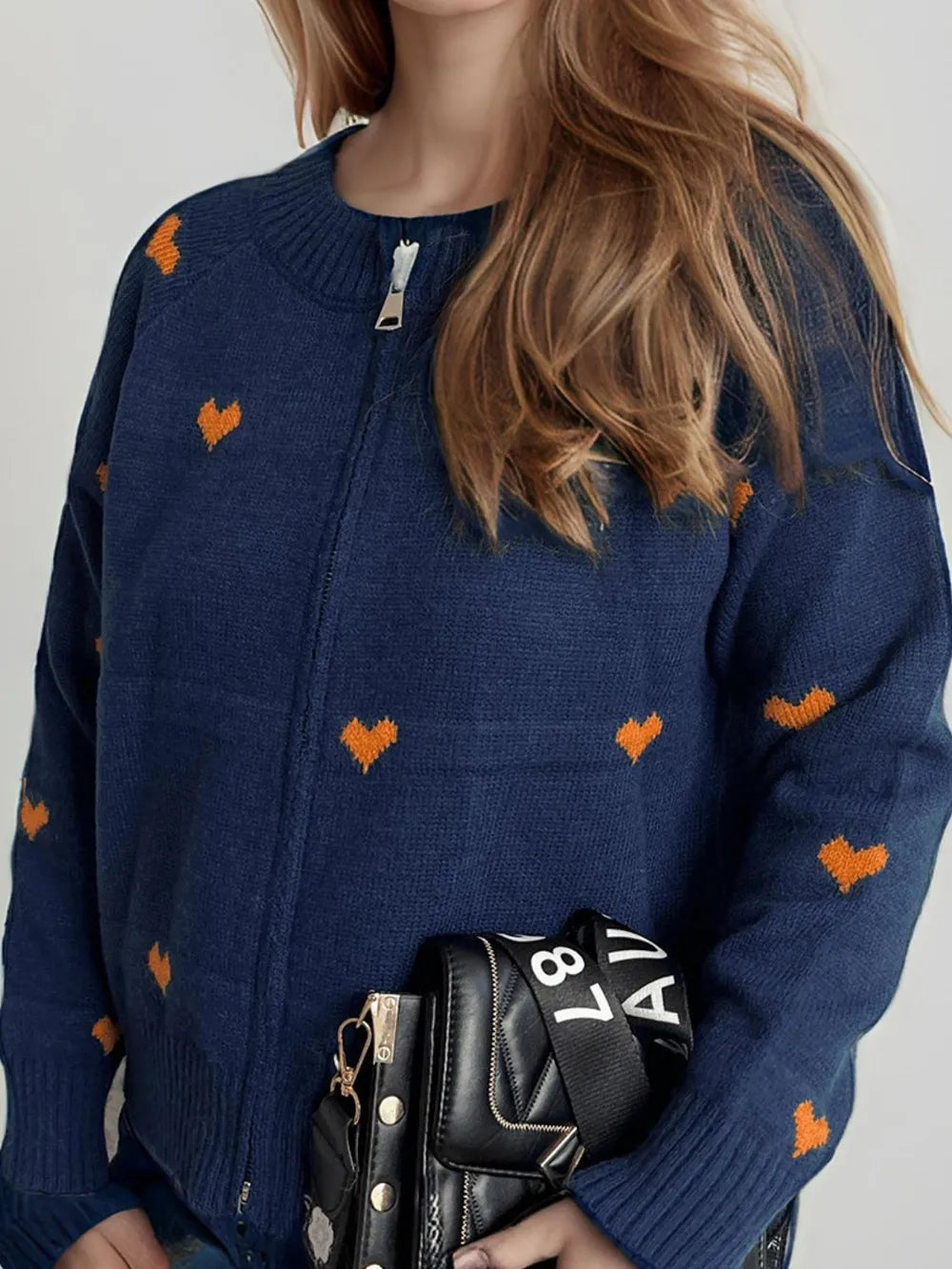 Heart Round Neck Zip Up Cardigan Easy Apparels
