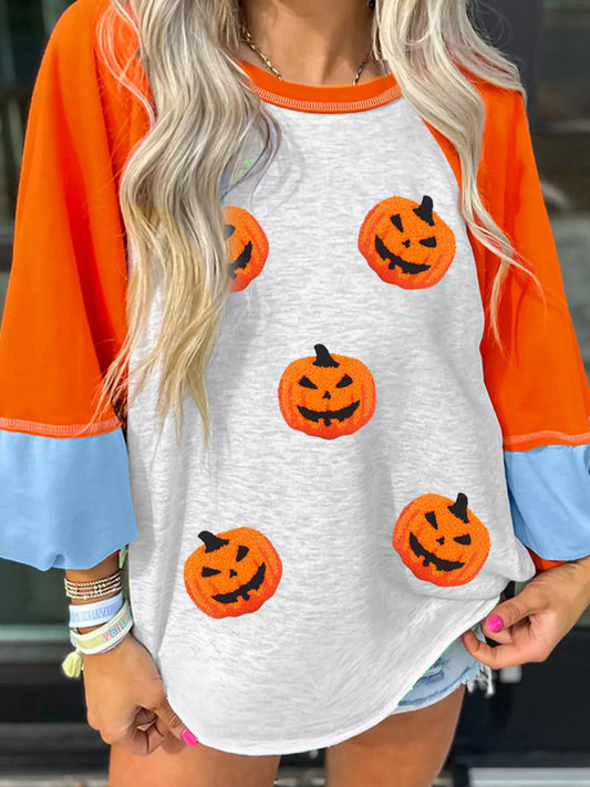 Halloween Pumpkin Print Long Sleeve T-Shirt Light Gray Easy Apparels