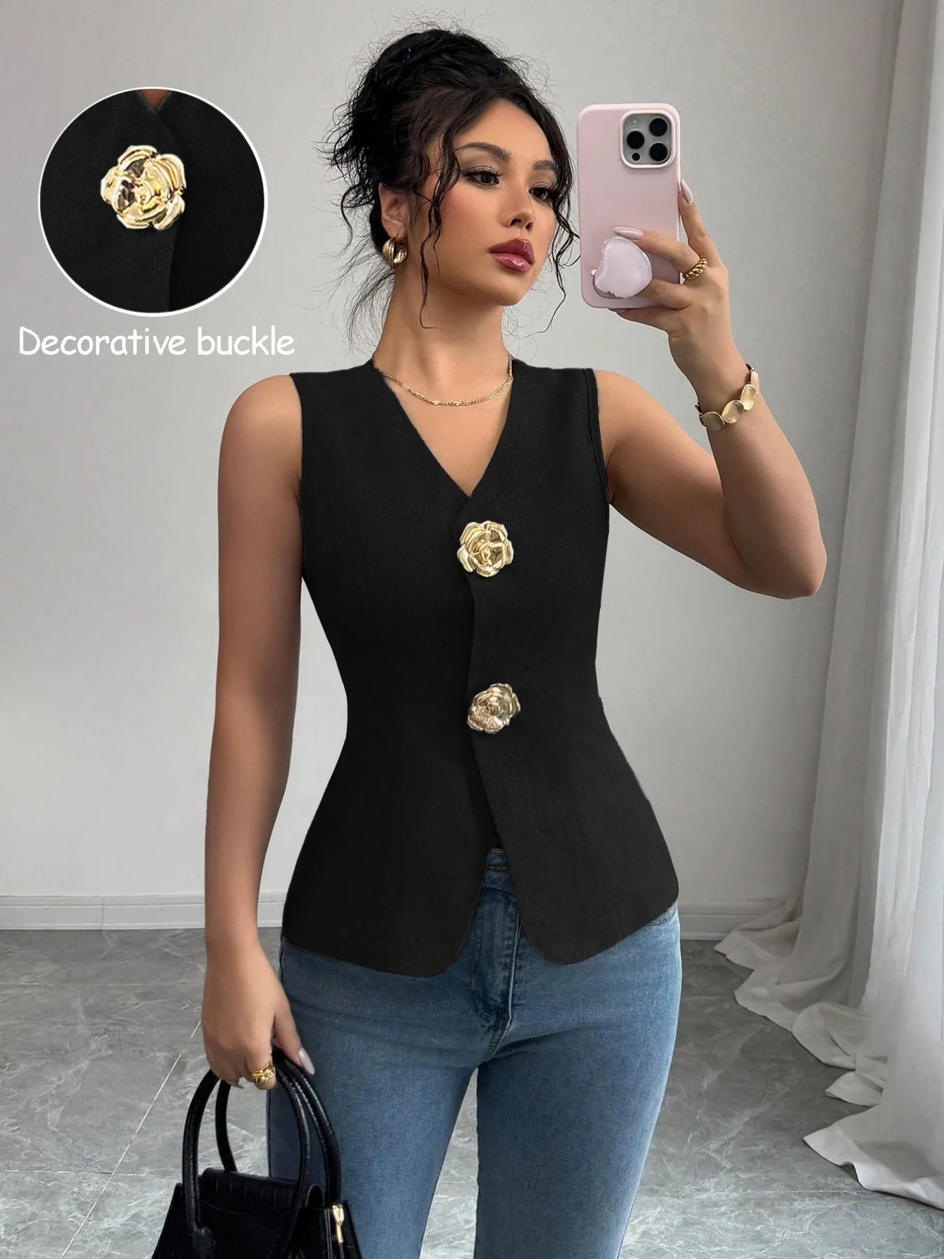 Trendsi V-Neck Button Detail Tank Top