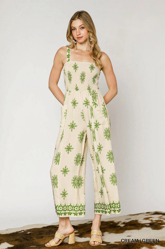 Umgee Smocked Printed Wide Leg Jumpsuit CREAM GREEN Easy Apparels