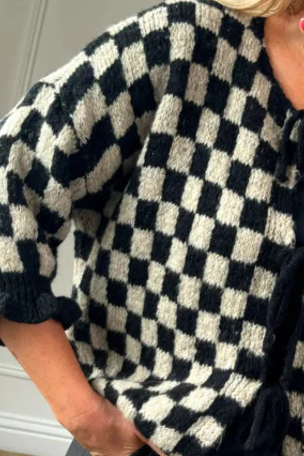 Double Take Tied Checkered Dropped Shoulder Flounce Sleeve Cardigan Easy Apparels