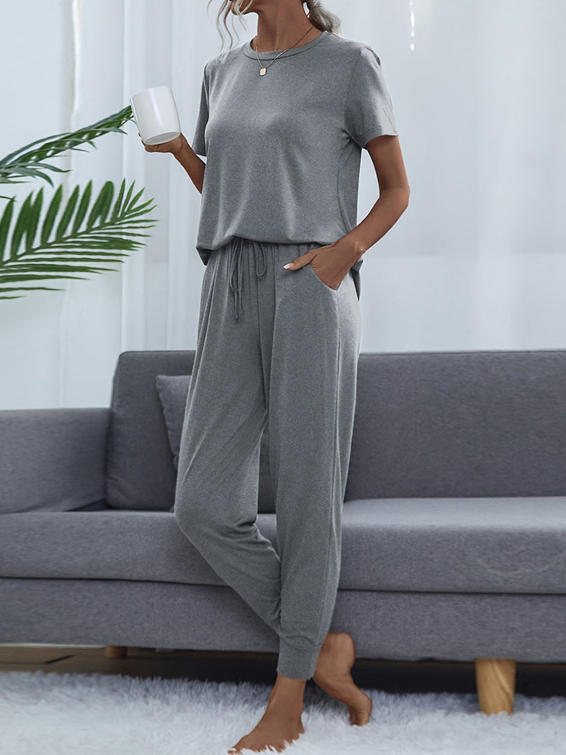Shiny Round Neck Short Sleeve Top and Pants Set Easy Apparels