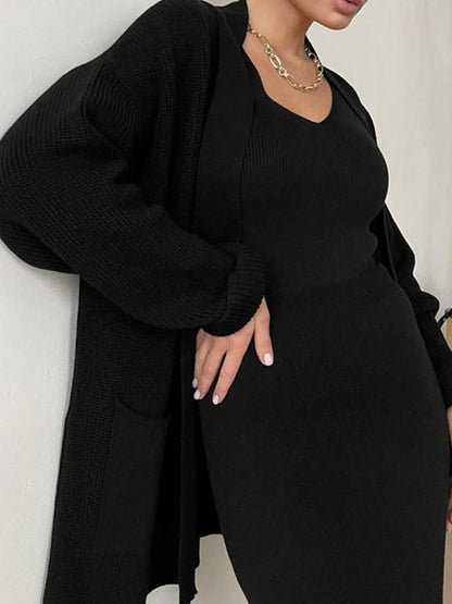 Pocketed Long Sleeve Cardigan and Skirt Sweater Set Black One Size Easy Apparels