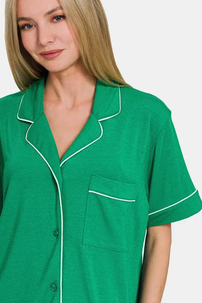 Zenana Button Down Short Sleeve Top and Shorts Lounge Set Easy Apparels