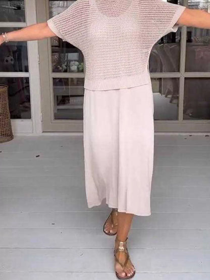 Full Size Openwork Knit Cover Up and Dress Set Plus Size Easy Apparels