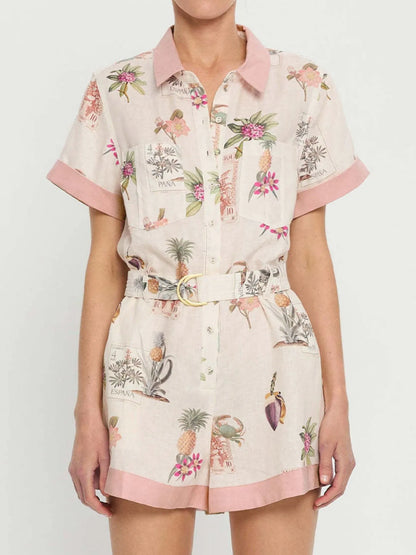 Printed Short Sleeve Romper with Belt Easy Apparels