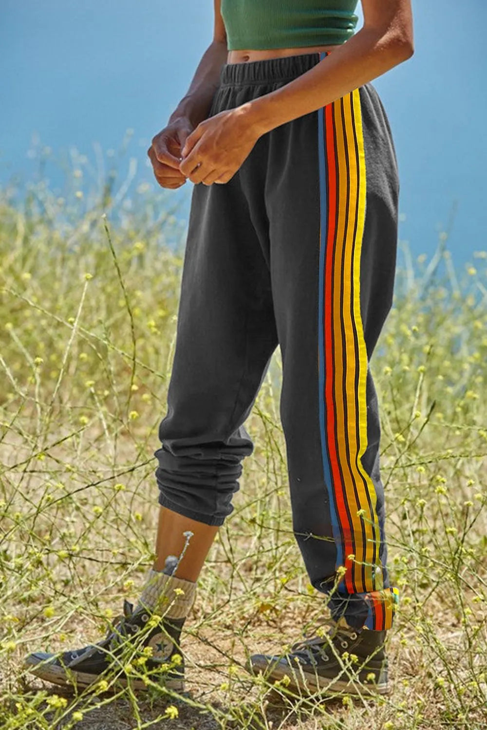 Contrast Striped Elastic Waist Active Pants Easy Apparels