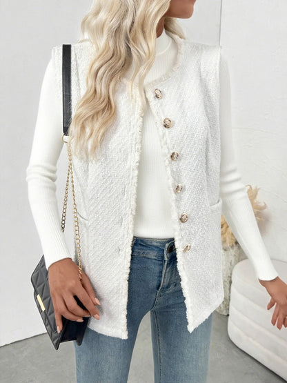 Textured Button-Front Vest with Raw Edge Easy Apparels