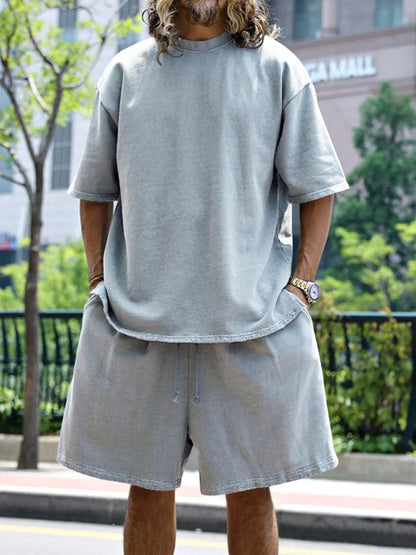 Men's Full Size Round Neck Short Sleeve Top and Shorts Set Plus Size Light Gray Easy Apparels