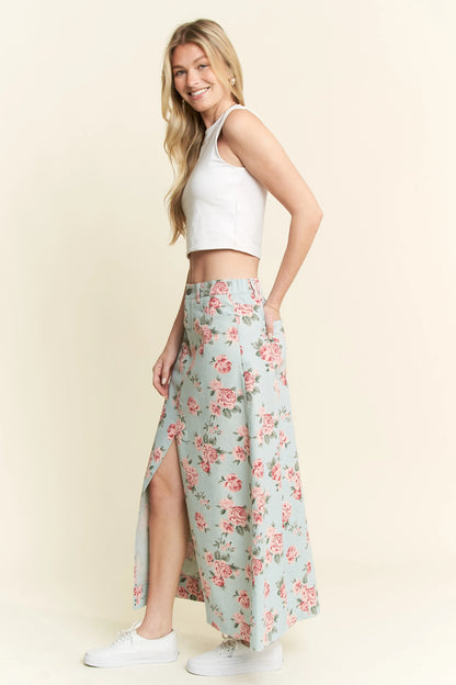 Jade By Jane Full Size Floral Print Front Slit Denim Maxi Skirt Plus Size Easy Apparels