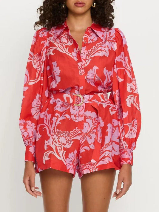 Printed Long Sleeve Belted Romper Red Easy Apparels