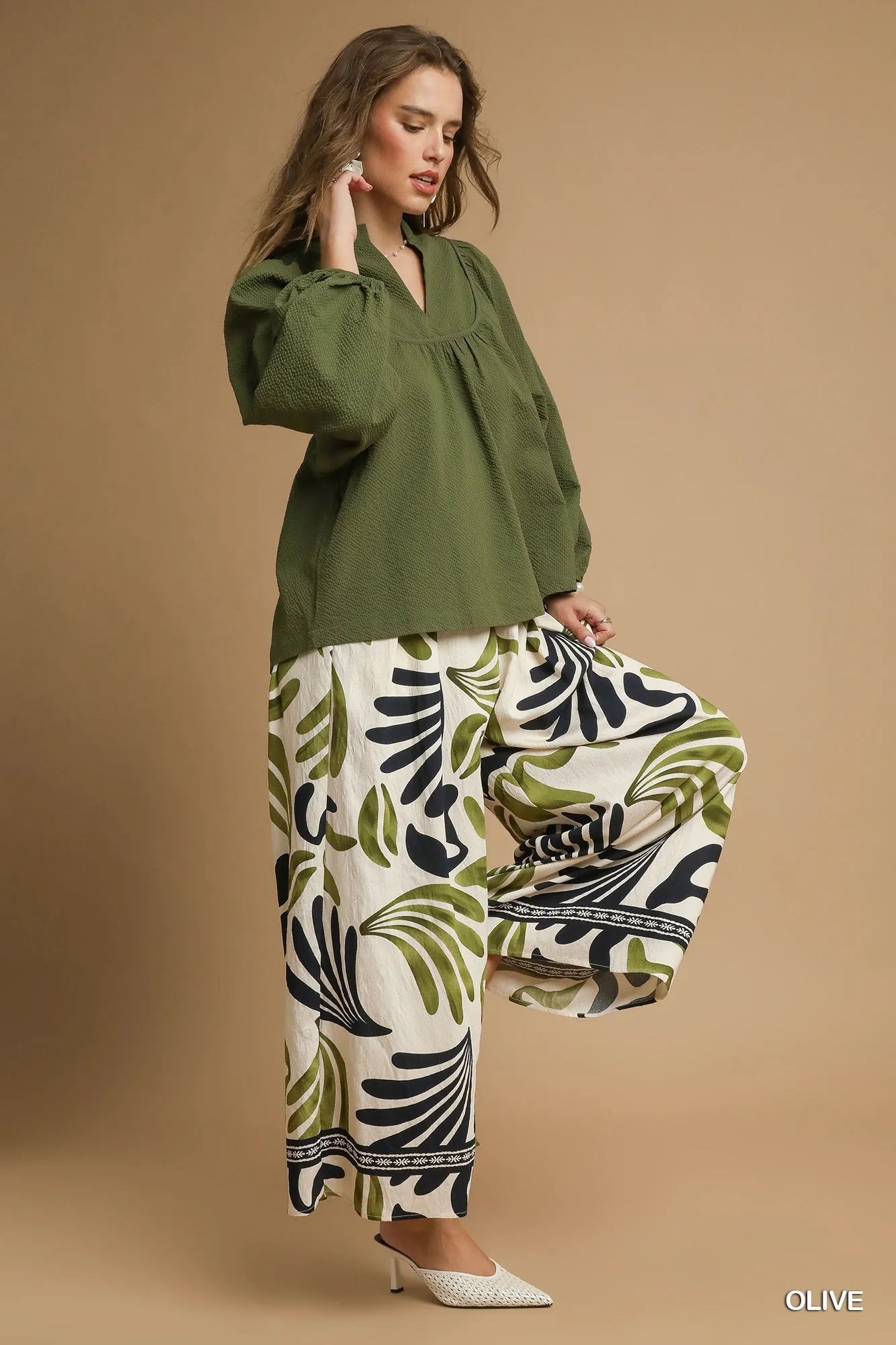 Trendsi Umgee Textured Notched Blouse with Balloon Sleeves
