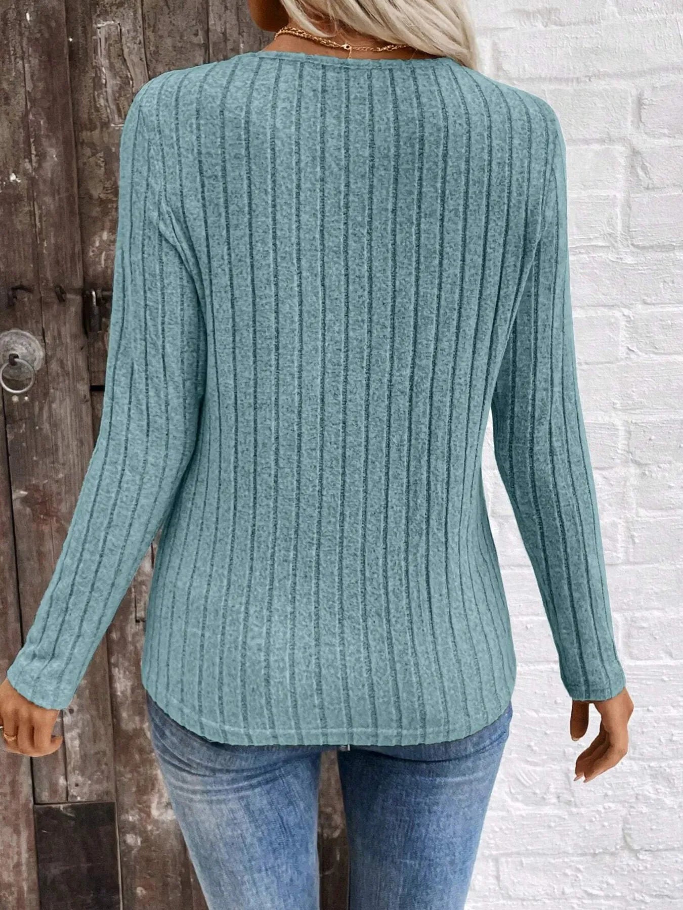 Trendsi Ribbed V-Neck Long Sleeve Knit T-Shirt