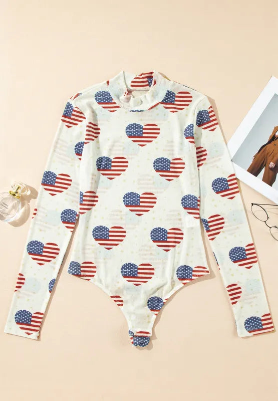 Trendsi US Flag Heart Mock Neck Long Sleeve Bodysuit