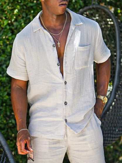 Men's Full Size Button Up Short Sleeve Shirt and Shorts Plus Size White Suit Easy Apparels