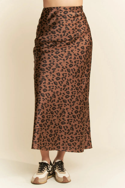 Davi & Dani Leopard Animal Print Long Length Skirt BROWN Easy Apparels